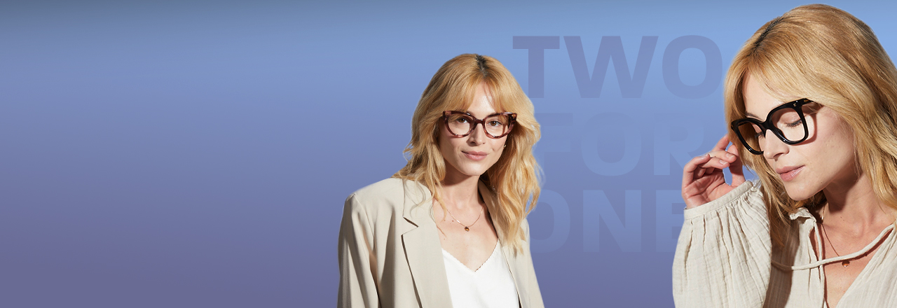 Woman wearing two different frames on a purple background